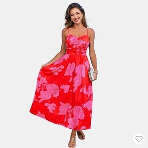 Cupshe Women's Vibrant Floral Print V neckline Maxi Dress-M-Red NWT